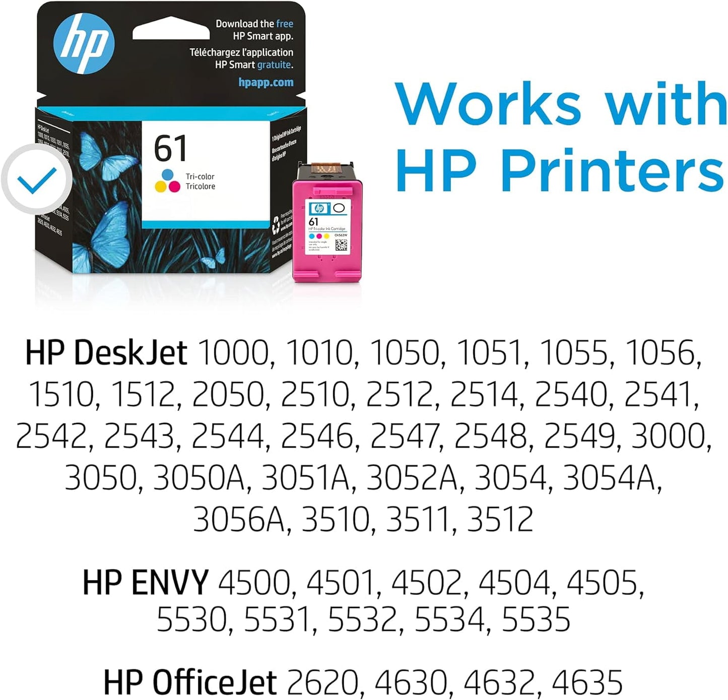 HP 61 Tri-color Ink Works with DeskJet 1000, 1010, 1050, 1510, 2050, 2510, 2540, 3000, 3050, 3510; ENVY 4500, 5530; OfficeJet 2620, 4630 Series | CH562WN