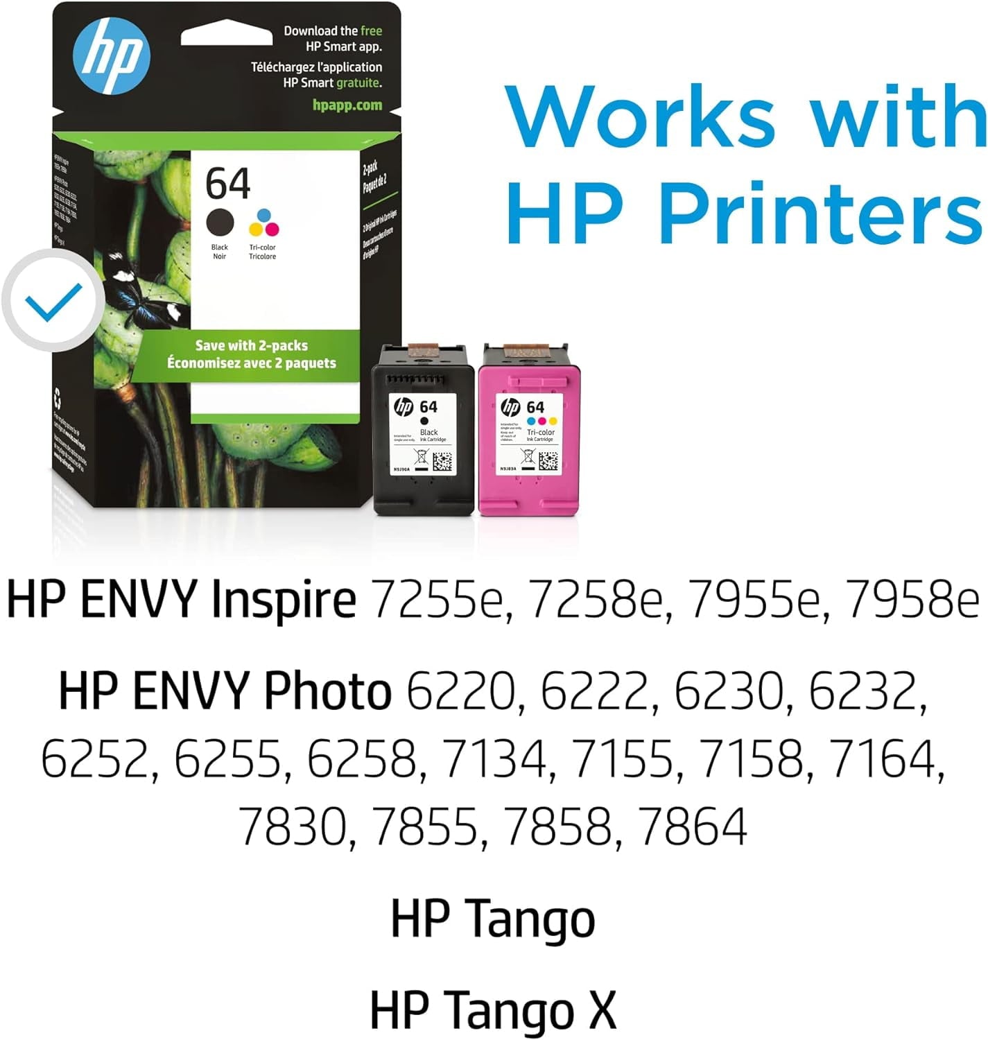 64 Ink for HP 64XL Ink Cartridge Combo Pack Ink 64 for HP Envy Photo 7855 7155 6255 6230 6252 6258 7120 6220 7130 7132 7158 7164 7820 7830 7858 7864 7800 Printer (1 Black, 1 Tri-Color)