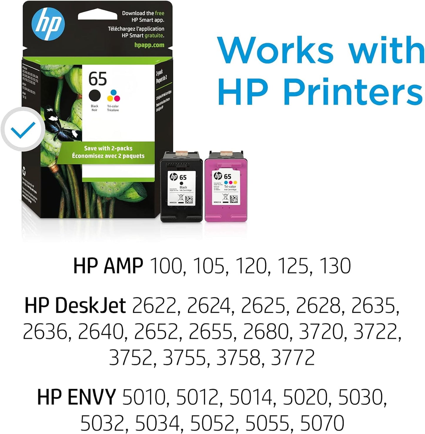 65 Ink Cartridges for HP 65 Black/Tri-color Ink Cartridges (2 Pack) | T0A36AN